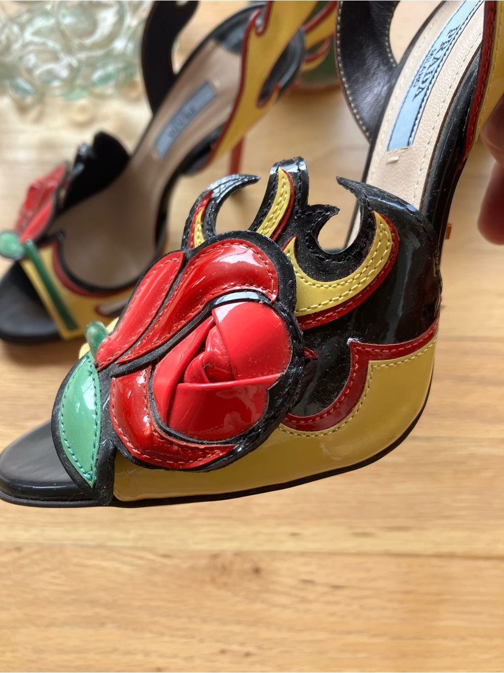 Iconic Prada Hot Rod Flames Heels SS 2012 Yellow With Roses Like New 36.5/6.5 - Picture 9 of 14